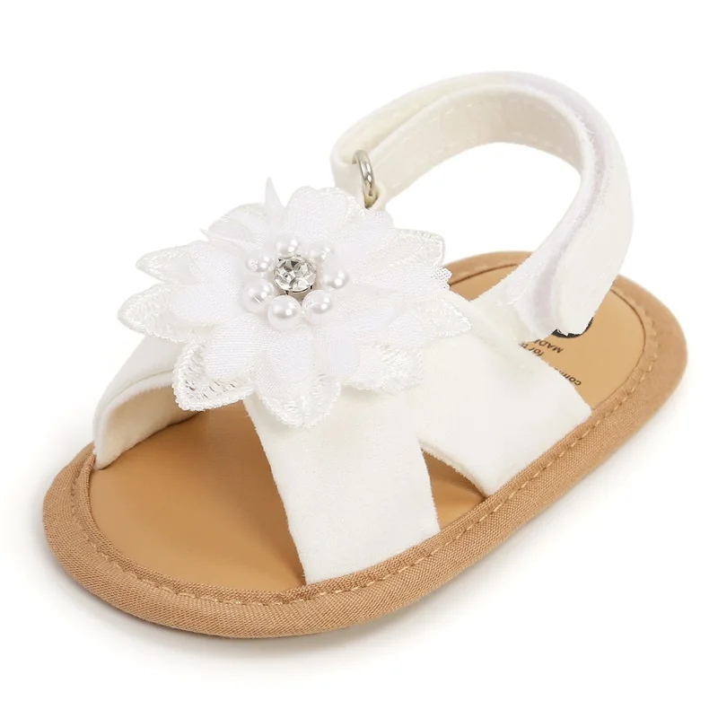 Baby Girls Princess Sandals Big Rhinestone Flower Open Totes Anti-Skid Soft Sole Walking Shoes  Ankle Stick-On Summer Foot