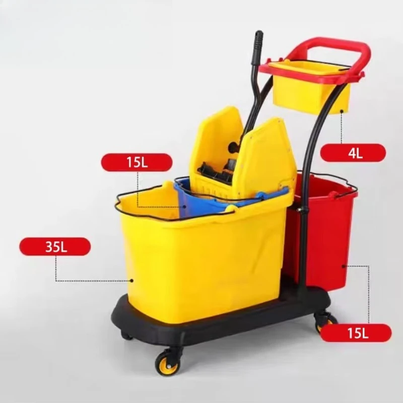 Hotel Doorman Service Trolley – Commercial Yellow Cleaning Cart with Mop Bucket & Wringer