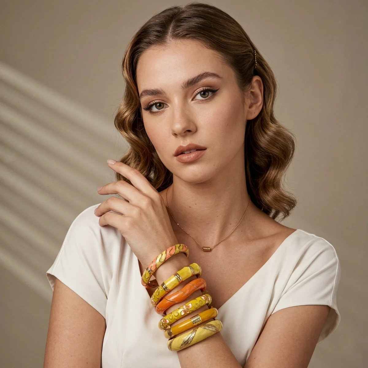Modische Gelbe Emaille-Manschettenarmbänder für Damen und Herren, Retro-Stil mit Ast-, Wellen-, Stern-, Blatt-, Blumen- und Bambus-Motiven, Armschmuck – Detail 6