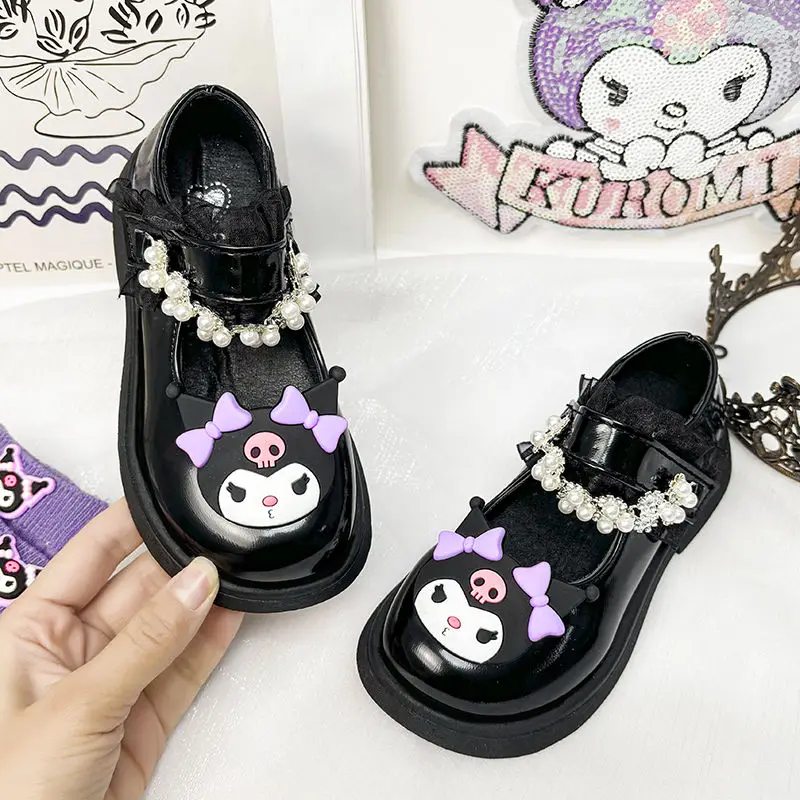 2024 Sanrio Kuromi Girls Small Leather Shoes Kawaii Anime Princess Shoes Sweet Cute Cartoon Pearl Lolita Shoes Tide Gift for Kid