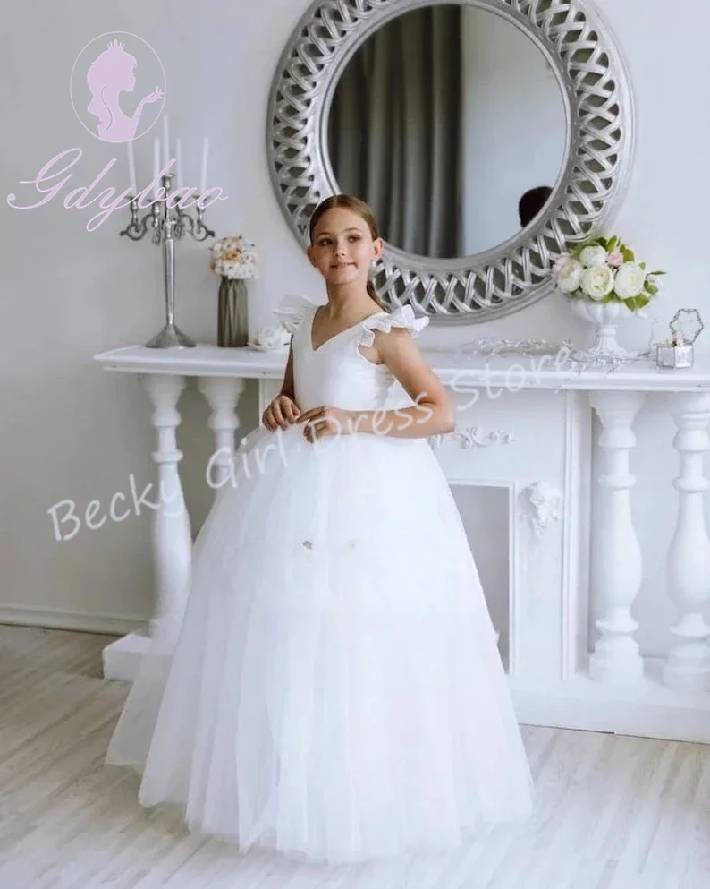

Customized White Flower Girl Dresses For Wedding V-Neck Tiered Puffy Elegant Princess Holy First Communion Party Pageant Gown