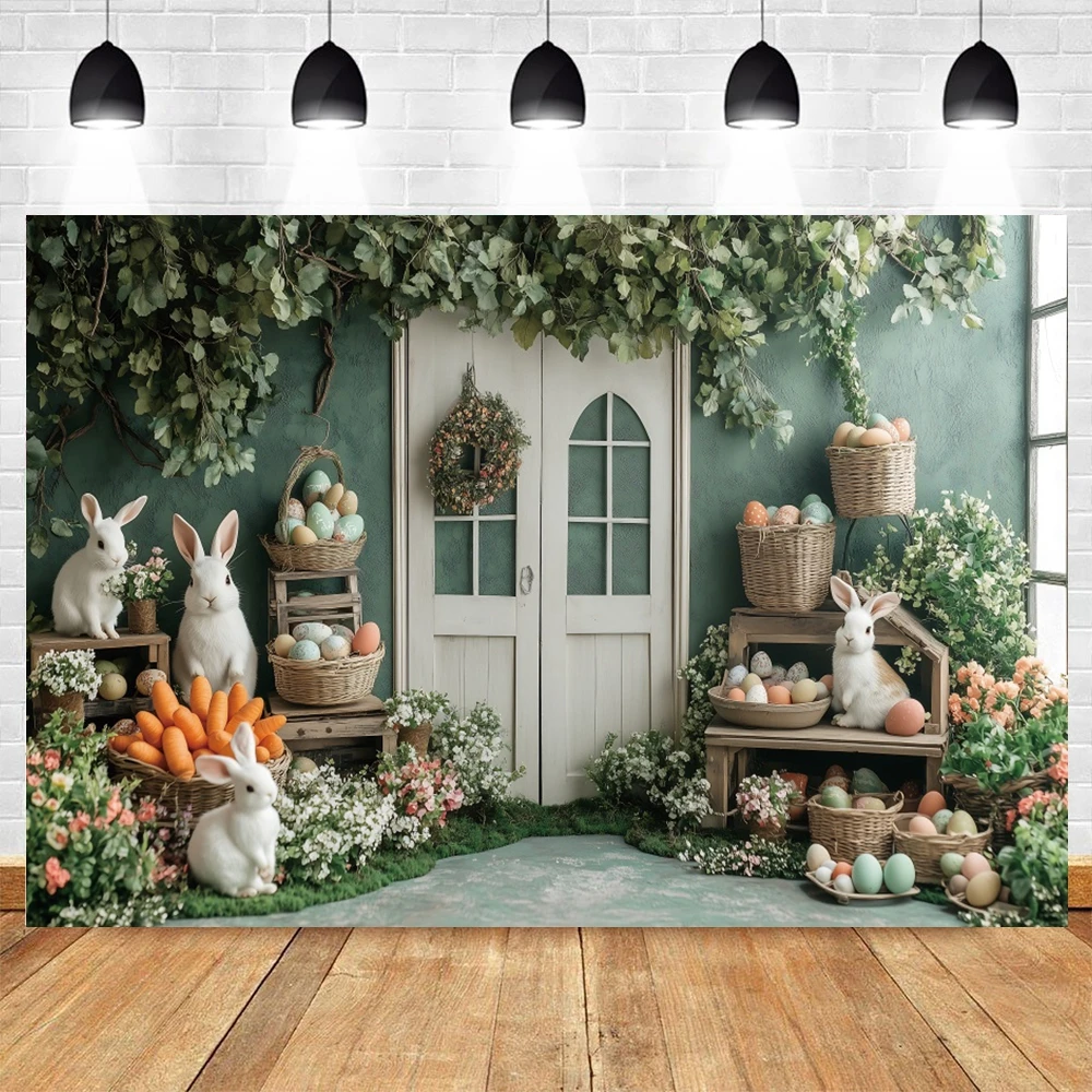 Easter Greenery Door Photography Backdrops Bunny Carrot Egg Wicker Spring Theme Celebration Children Portrait  Decor Backgrounds
