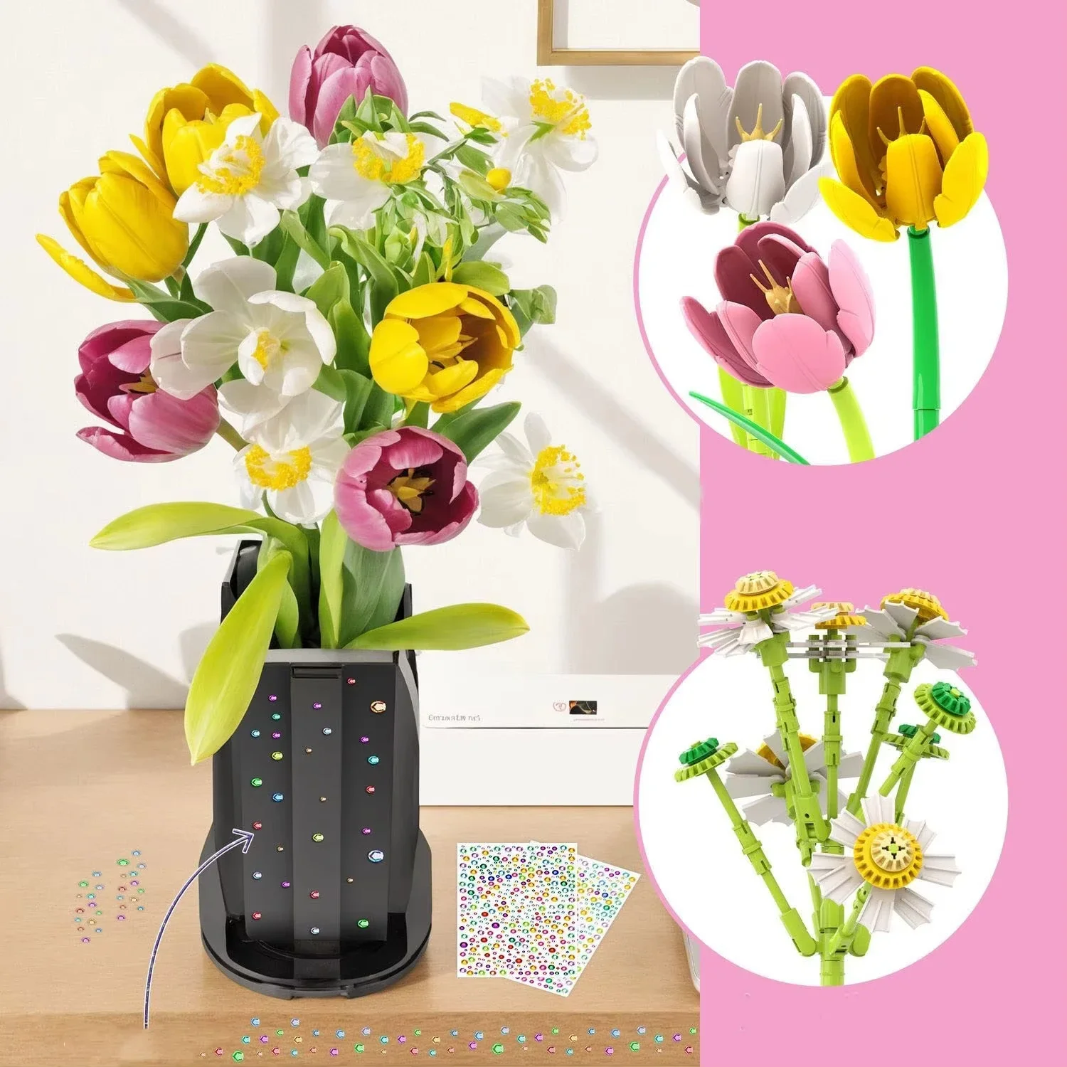 

Tulip Rose Bouquet Building Blocks Flower Eternal Flower Vase Bricks Model Home Decor Kids DIY Toys Girls Mothers Romantic Gifts