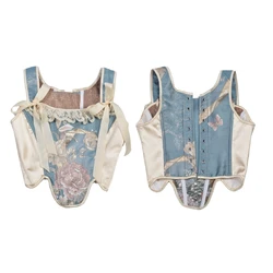French Print Corset for Women Lace-Up Tied Waspie Sexy Corset Vest Girl Underbust Corset Waist Shaping Girdle Costume
