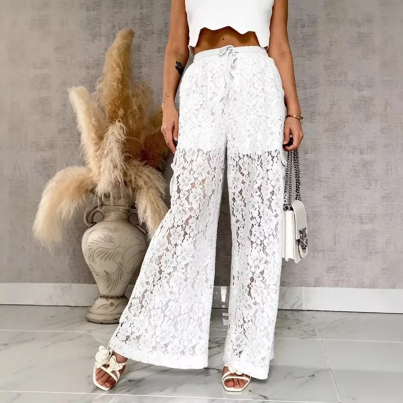 

Женские кружевные брюки-палаццо с высокой талией, на шнурке, в стиле карго, с прозрачной цветочной кружевной вставкой, макси-брюки для летнего пляжного отдыха