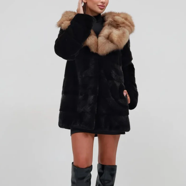 IG Women Wide Fluffy Lapel Collar Horizontal Textured Mid-Length Coat, Side Pockets Long Sleeve Winter Warm Luxury Outerwear