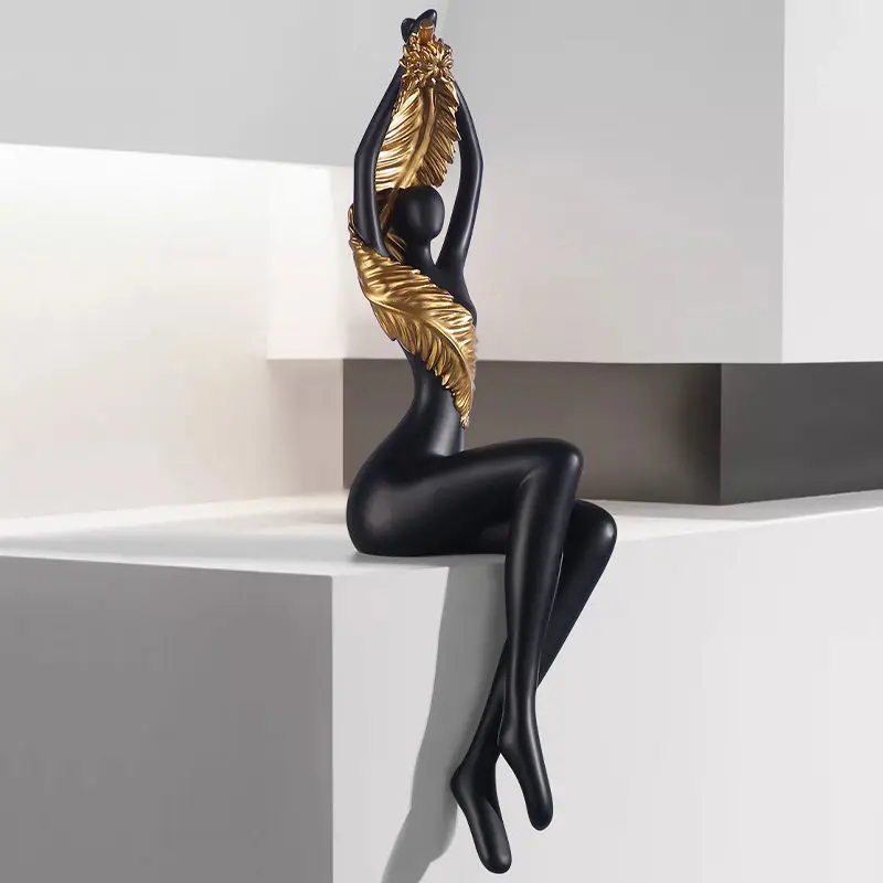 55cm Sitting Posture golden feather Dancer Yoga woman Figure Resin Statue Living Room Home Cabinet Desktop Decor Ornament Gift