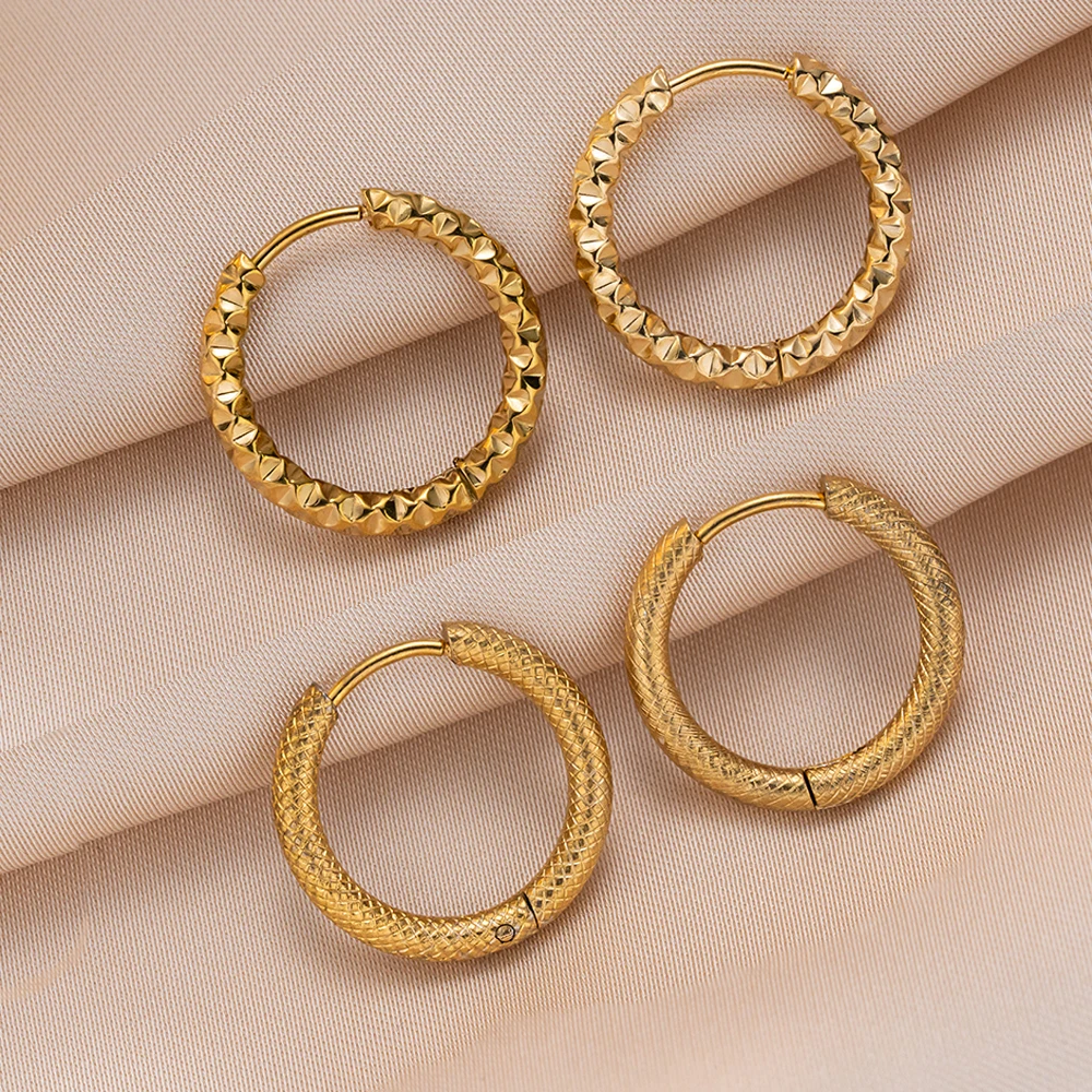 4pcs/Lot Stainless Steel Gold Irregular Hammered Texture Hoop Earrings Jewelry Ear Rings Women Gifts Making Findings Supplies view 6