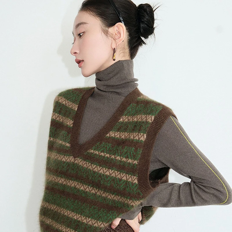 Korean Fashion Striped Knitted Sweater Vest Women 2023 Autumn Sleeveless V Neck Pullover Woman All Match Office Jumpers Female