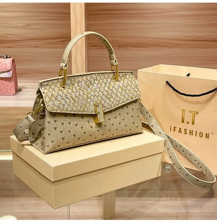 2024 New Genuine Designer Bags Luxury Ostrich Pattern Handbag With Lock - Fashionable Shoulder And Crossbody Tote For Women