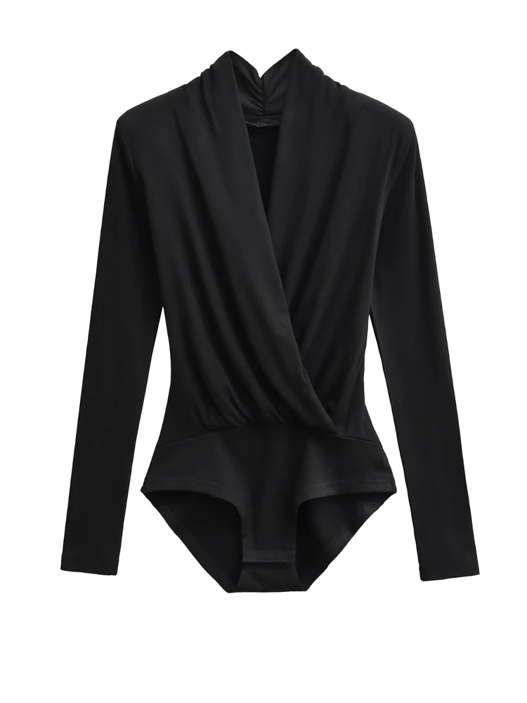 섹시한 스트레치 순수한 매력 매혹적인 소녀 접이식 브이넥 패드 숄더 긴 소매 원피스 베이스 레이어 탑 가을 겨울용