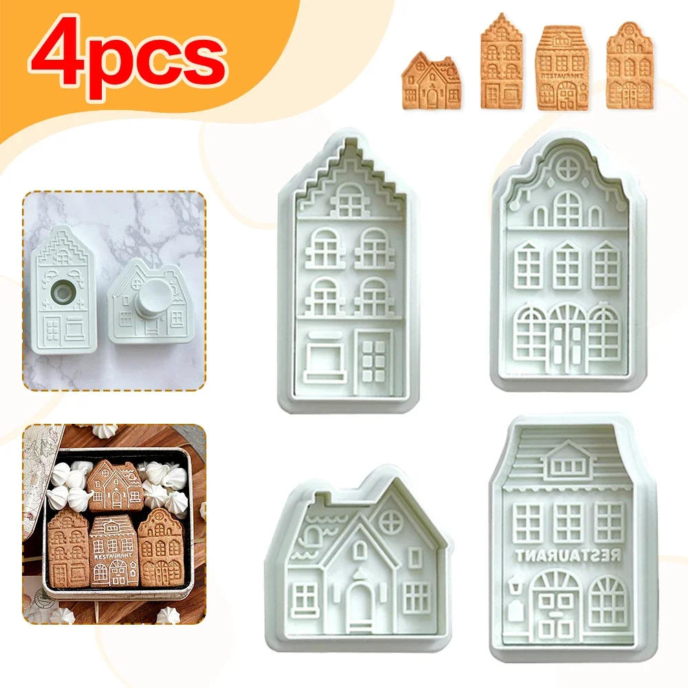 4Pcs 3D Christmas Cookie Cutters Biscuit Mold Gingerbread House Cookie Mould Stamp Xmas New Year Party Decoration Baking Tools