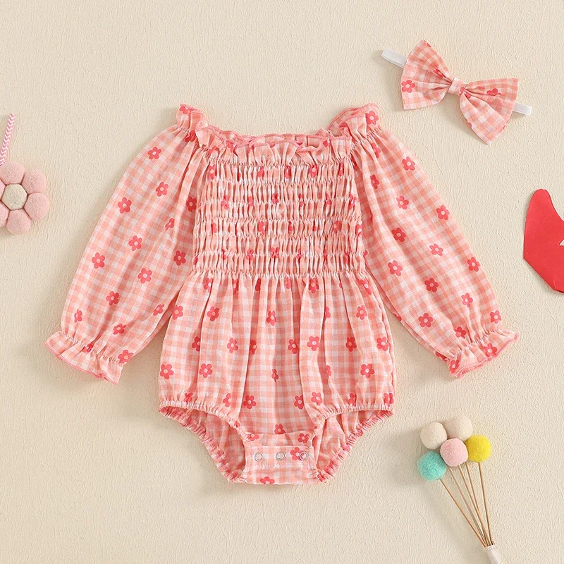 

Newborn Baby Autumn Clothing Baby Girls Rompers Floral Plaid Print Long Sleeve Ruffled Toddler Fall Bodysuits Jumpsuits Headband