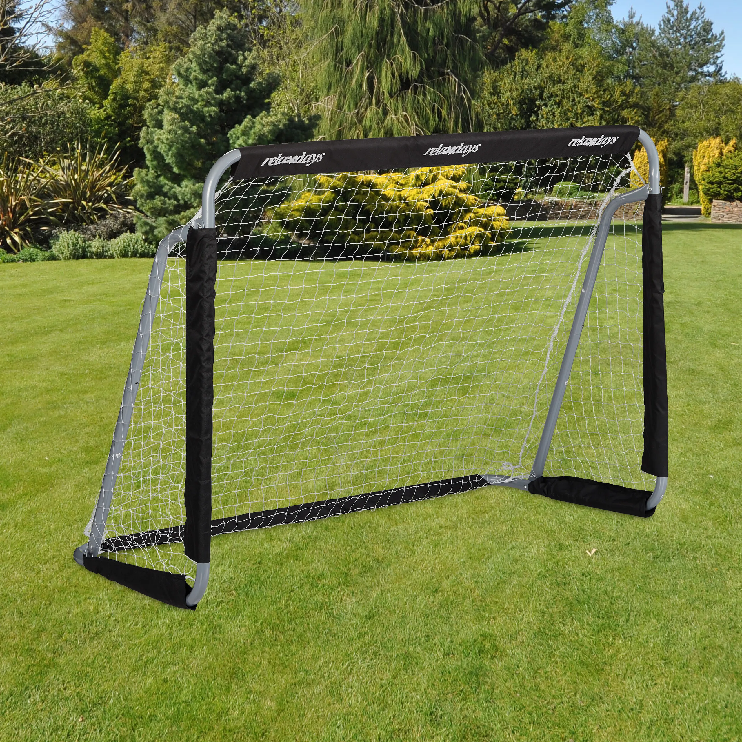 Fußballtor, mit robustem Tornetz, für Garten und Training, 110 x 150 x 75 cm, Eisen, Polyester, grau, weiß, schwarz, Soccertor, Relaxdays