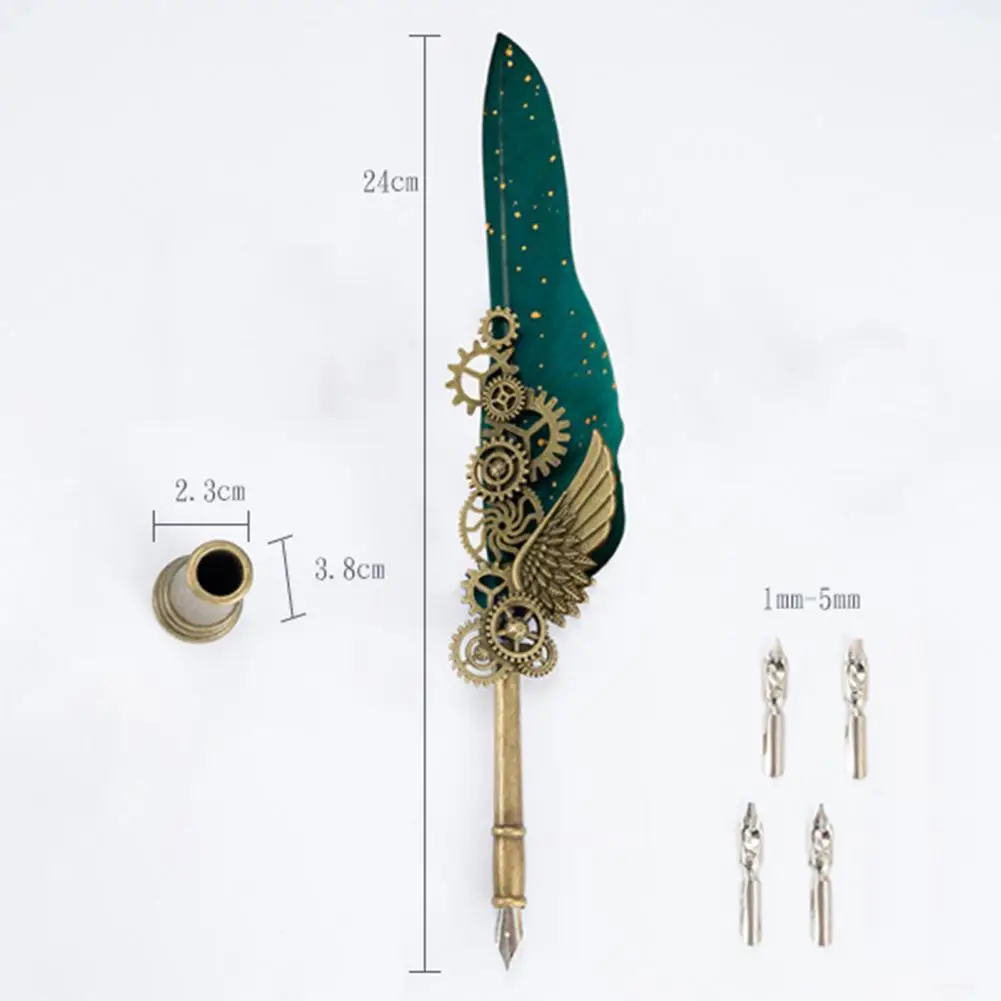 フェザーディップインクペンセット、素敵な見た目、ビンテージウッド、キラキラ署名クイル、文房具用品、1セット