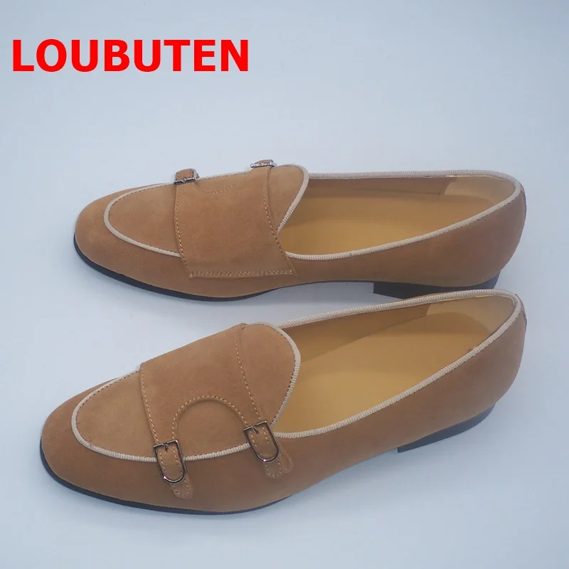 

LOUBUTEN Brown Men Suede Loafers High Quality Mens Monk Strap Shoes Italian Summer Leather Casual Shoes Flats Driving Shoes