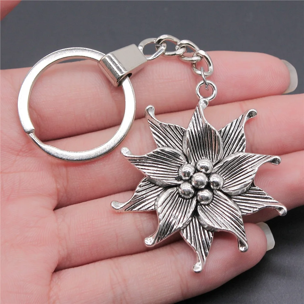 Woemn Men Keychain Keyring Antique Silver Color 50x45mm Big Spiral Flowers Pendant Keyring Gift