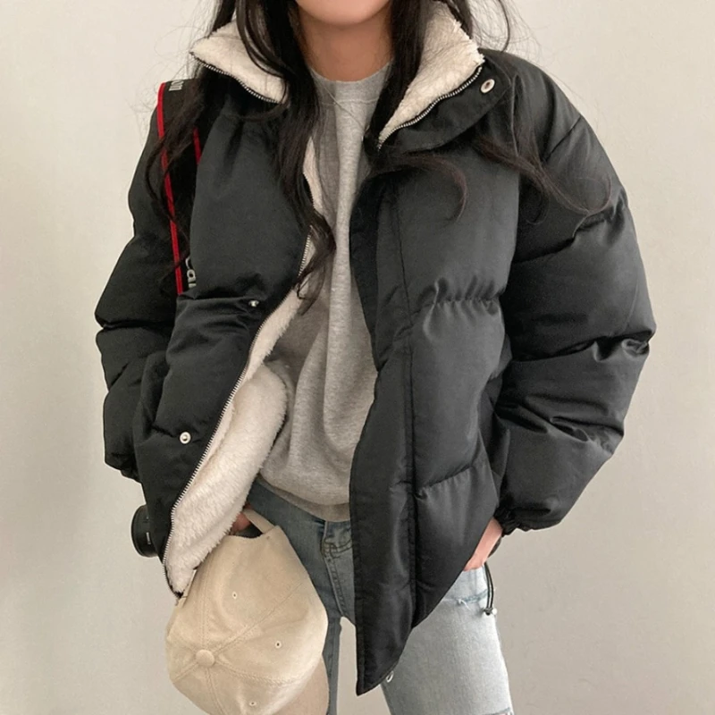 

Korean Winter Double-sided Cotton Coat for Women Winter Thickened Stand-up Collar Parkas Wool Liner Windproof Warm Loose Top