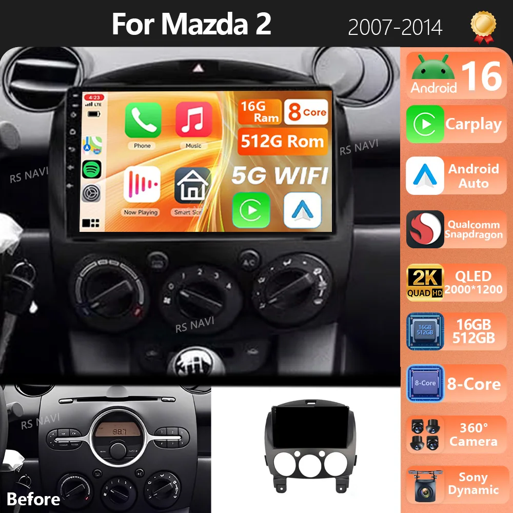 Android 16 Carplay Auto 2K Screen Car Radio Multimedia Player For Mazda 2 2007-2014 WIFI+4G Autoradio Stereo 2din Snapdragon