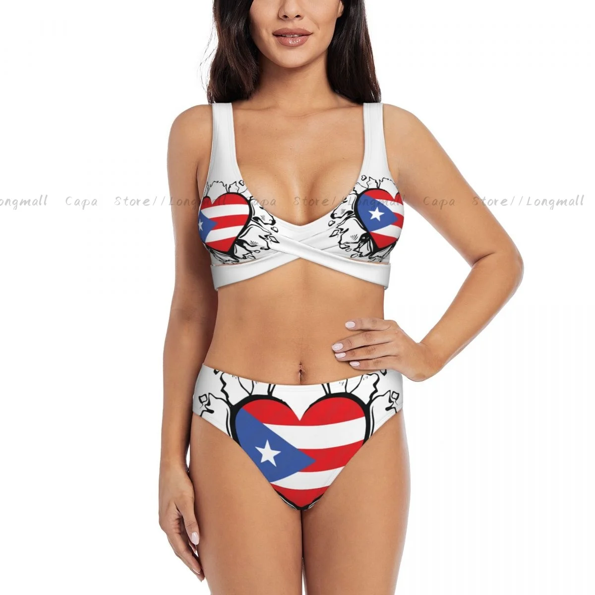 Flaga Portoryko Bikini w kształcie serca Kobiety Seksowny oddzielny strój kąpielowy Dwuczęściowy kostium kąpielowy