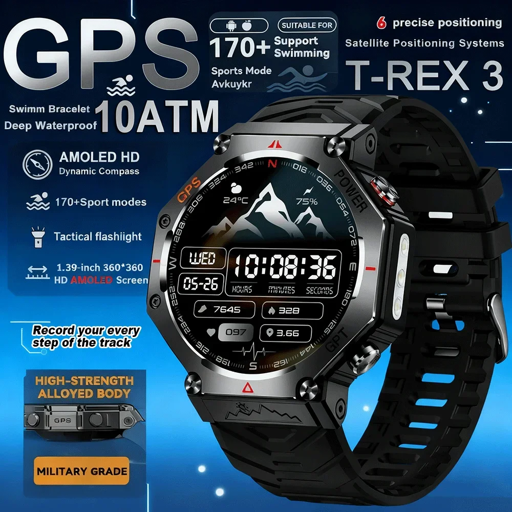 

Военные умные часы T-Rex 3, встроенный GPS-компас, высотомер, барометрические, 10 АТМ, IP69K, водонепроницаемые, AMOLED, Bluetooth, умные часы для вызова