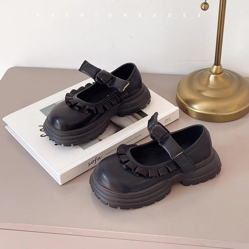 Petites chaussures en cuir pour filles, chaussures à plateforme avec nœud vent, bouche carrée, princesse, nouvelle collection printemps et automne 2025