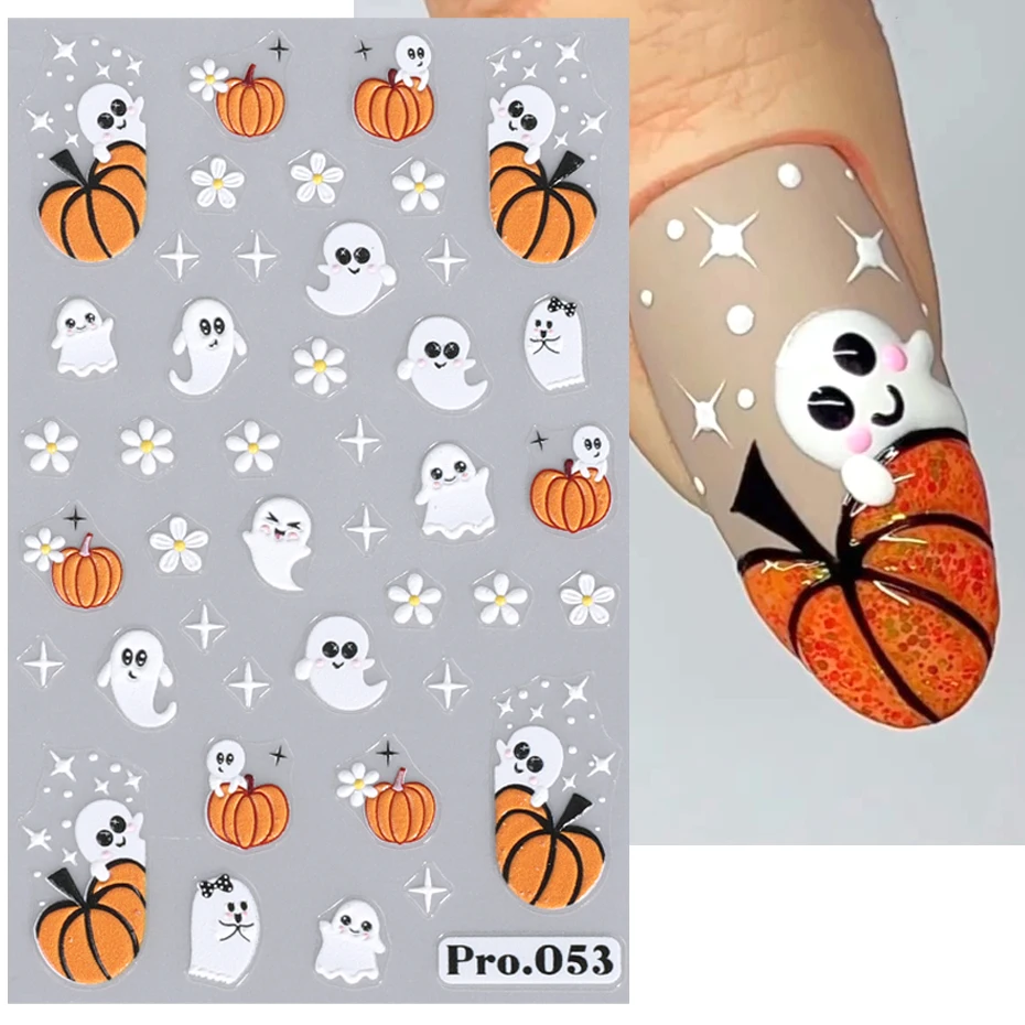 Halloween fantasma abóbora etiqueta do prego 5d em relevo estrela aranha web crânio rosa floral dos desenhos animados festival de inverno manicure decoração