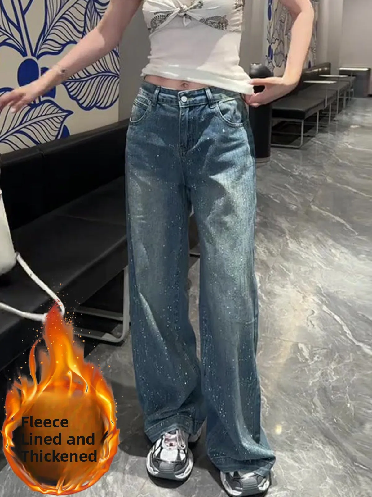 

Ретро-синие женские джинсы с высокой талией, широкими штанинами, стразами и блестящим дизайном, на флисовой подкладке, длиной в пол, весенняя мода