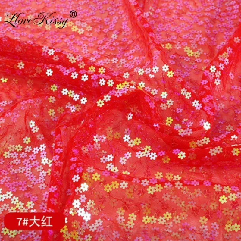 22 Colors Small Plum Blossom Mesh Sequin Fabric Illusion Laser Sequin  Wedding Background Decoration Fabric 5 Yards Wide:125cm