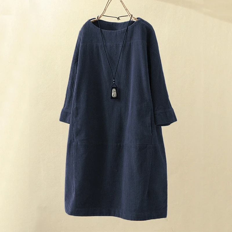 Casual Loose Dress for Ladies, Round Neck, Seven Minute Sleeve, Pocket, Monochromatic,New large size , Autumn 8XL, 7XL,