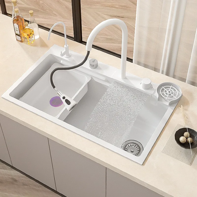 White Waterfall Kitchen Sink Flying Rain Water Outlet Large Single Slot Handmade Nano 304 Stainless Steel Vegetable Wash Basin