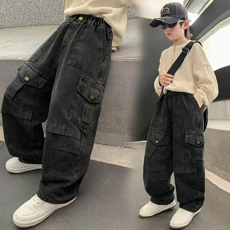 Boys Jeans 2024 New Fashion Cargo Casual Pants Children's Handsome Straight Tube Fried Street Pants Kids Multi-pocket  Trousers