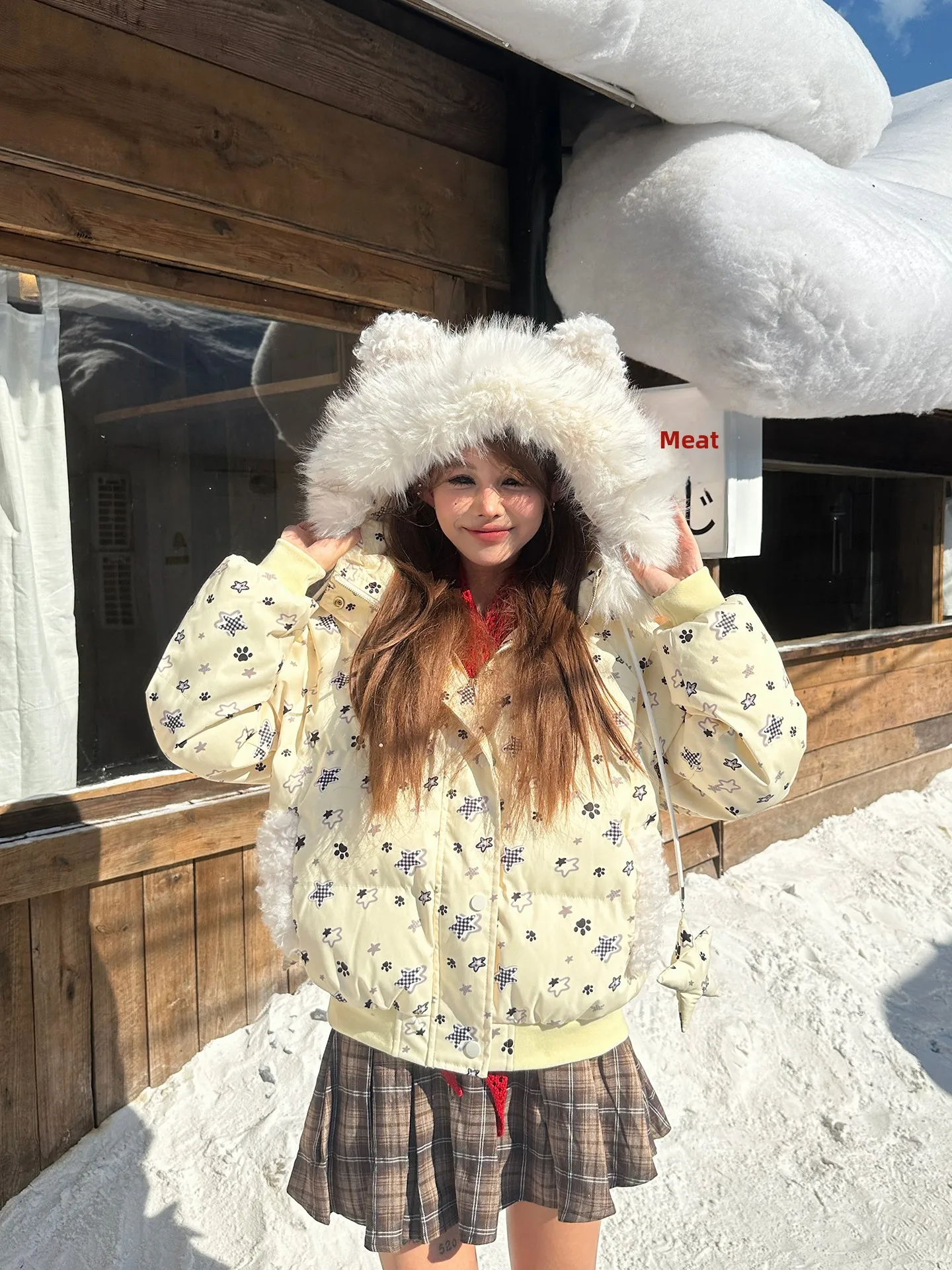 

Warm Cotton Jaet Women's Winter Lazy Sle Bread Clothes Coat with Fur Collar Printed Stars Sweet College Sle Thiened