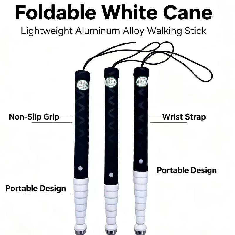 Foldable Telescopic White Cane Aluminum Alloy Walking Aid Adjustable Length Guide Stick Blind Visually Impaired User