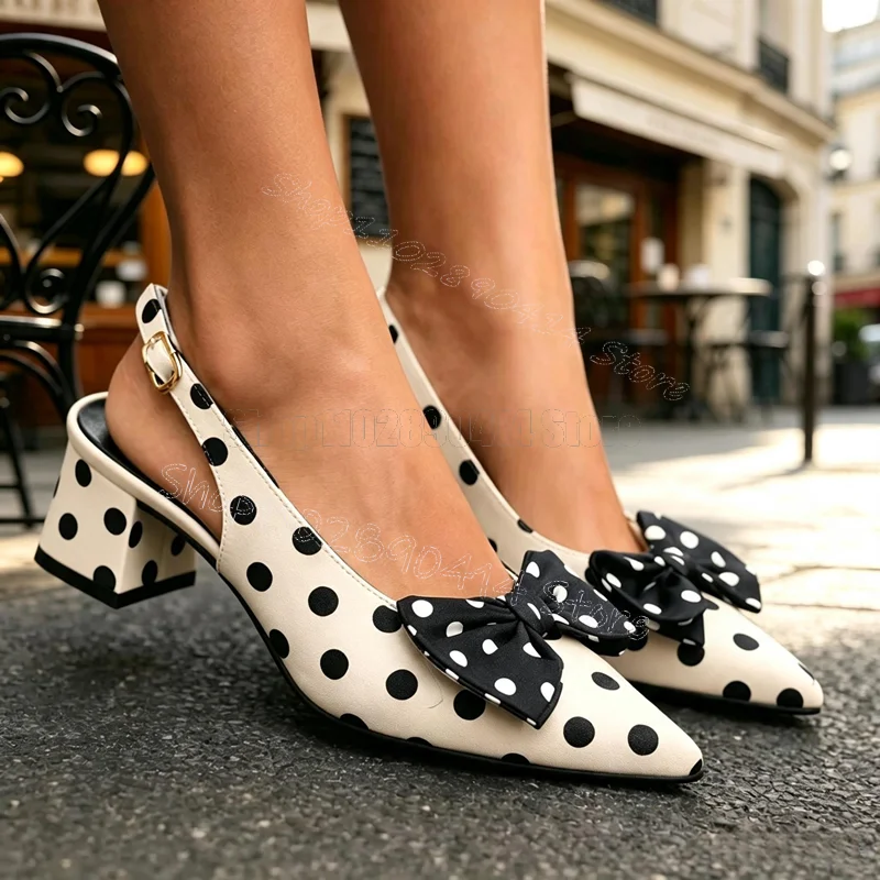 Wave Point Print Bow Knot Cut Heel Pumps Buckle Strap Women Shoes Chunky Heels Pointed Toe Party Dating 2026 Zapatos Para Mujere