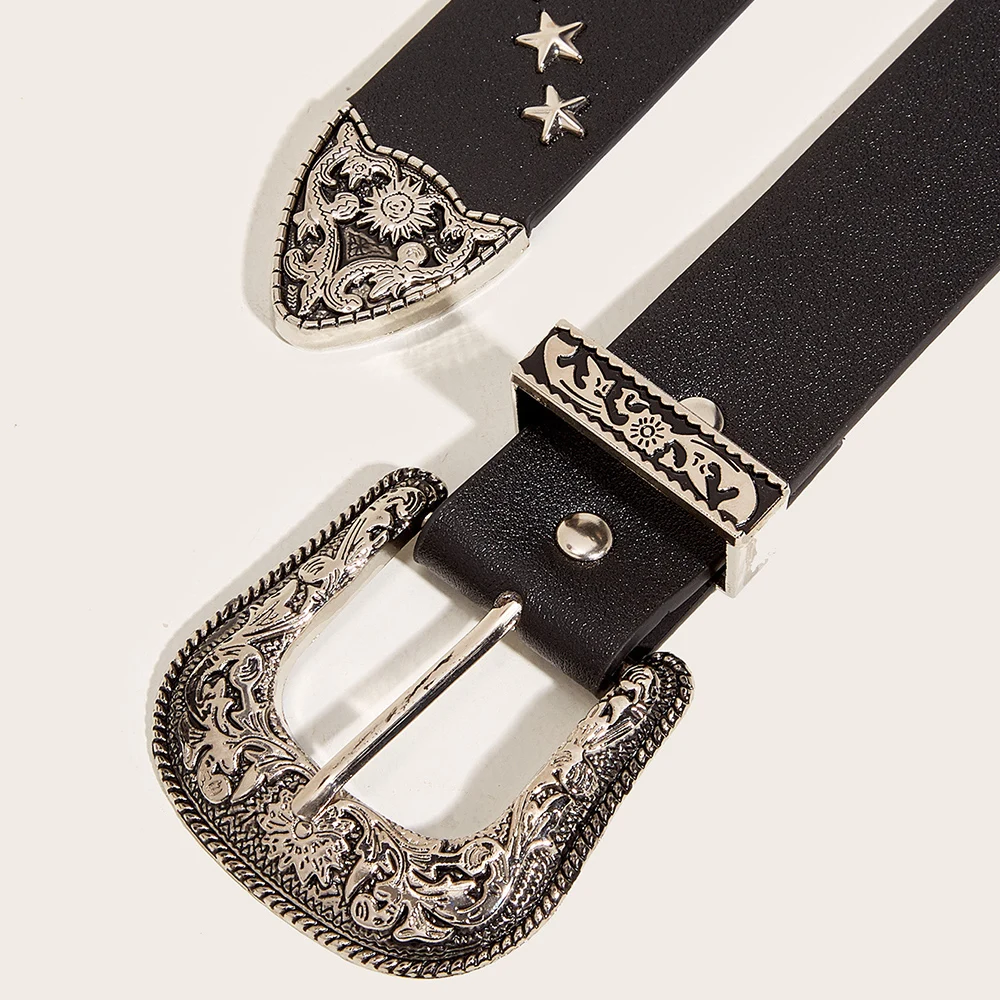 2024 Women Star Eye Rivet Belt Curved Buckle Grommet Waist Strap Hollow Out PU Leather Jeans Decorative Fashion Waistband