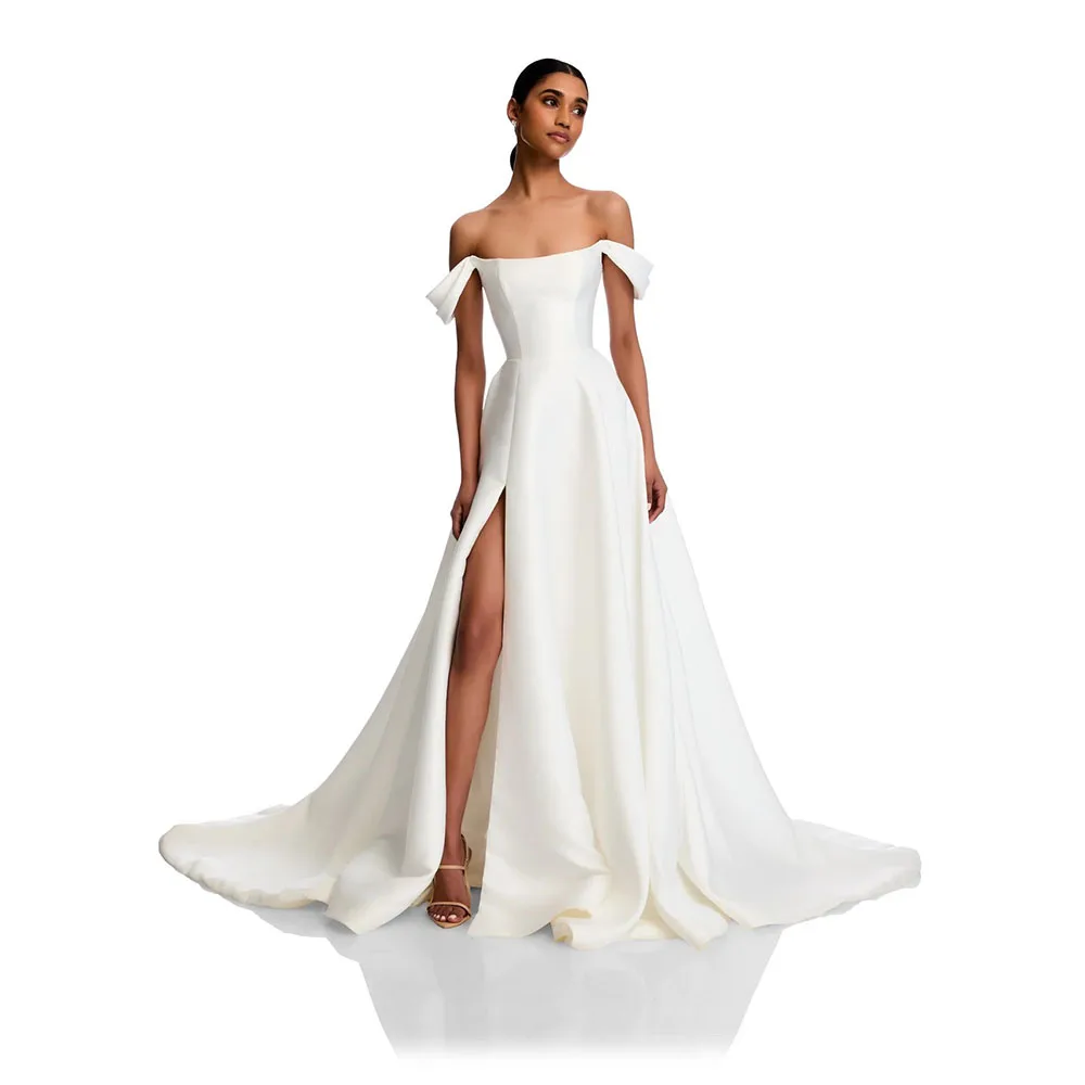 

Simple Charmeuse Ruched Wedding Dresses A-line Off-the-shoulder Bespoke Occasion Gown Long Dresses