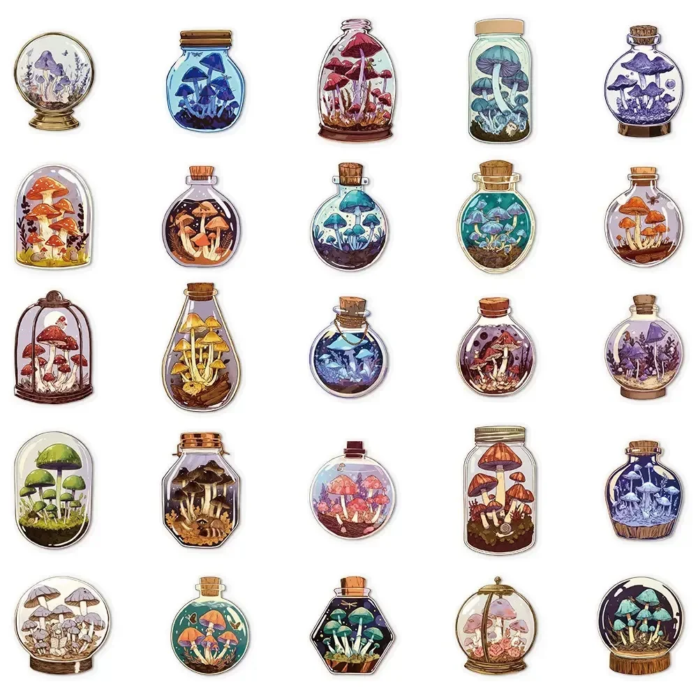 50 STKS Vintage Glazen Fles Paddestoel Transparante Stickers Telefoon Laptop Bagage Skateboard Graffiti Waterdichte Decals Sticker