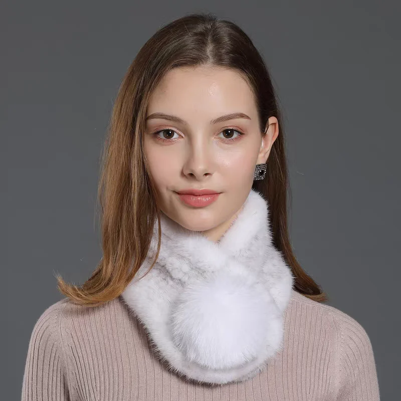 Short Fashionable Design Knitted Lady Winter Neck Warmer Real Mink Fur Scarf with Fox Fur Ball view 3