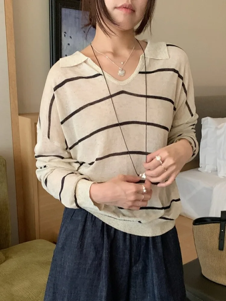 

Summer New Women's Loose Fit Striped Knitted Long Sve T-irt Faionable Versatile Top Polyester Fiber 00%