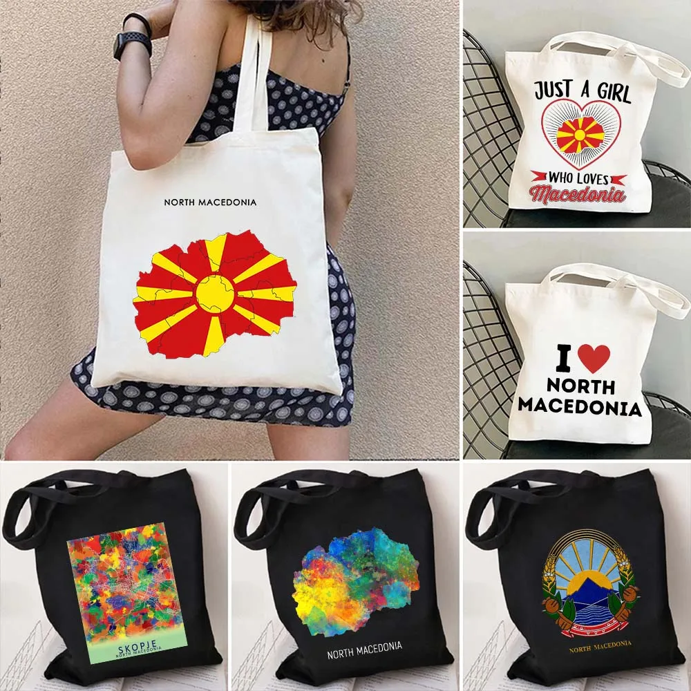 Arms of North Macedonia Flag Map Balkans Gift Watercolor Heart Shoulder Canvas Totes Bag Harajuku Shopping Bags Shopper Handbags