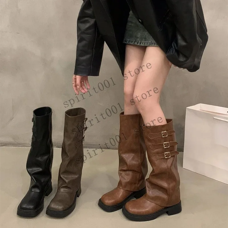 Women Brown Retro Pile Mid Length Boots Fashionable Ladies Knight Shoes Western Cowboy Bootes Masquerade Party Cosplay Boot - view 2
