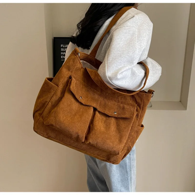 Bolso de hombro de pana, bolsa de almacenamiento de gran capacidad, Color sólido, Retro, bolsillo multifunción, informal, viaje, compras, combina con todo