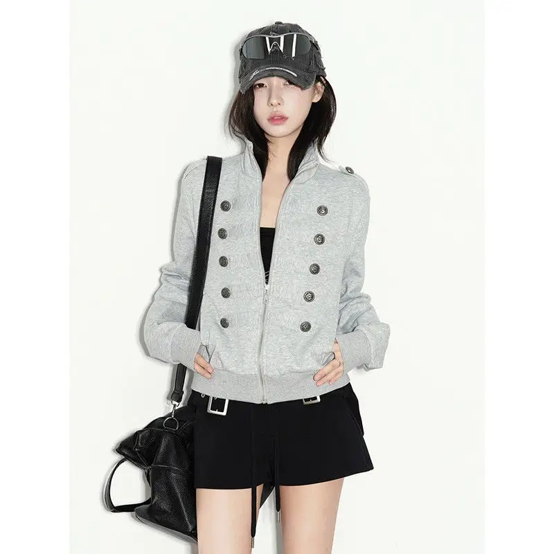 New Vintage Napoleon Style Women Jacket Stand Collar Double Breasted Decor Button Epaulet Zip‑Up Short Sweatshirt Coat