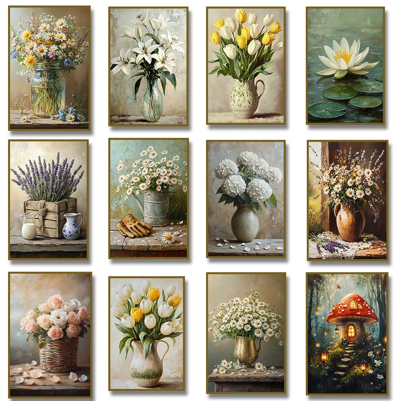 Daisies in A Golden Vase Tulip Bouquet Lilies Wildflower Poster Canvas Painting Print Retro Wall Art for Living Room Home Dec