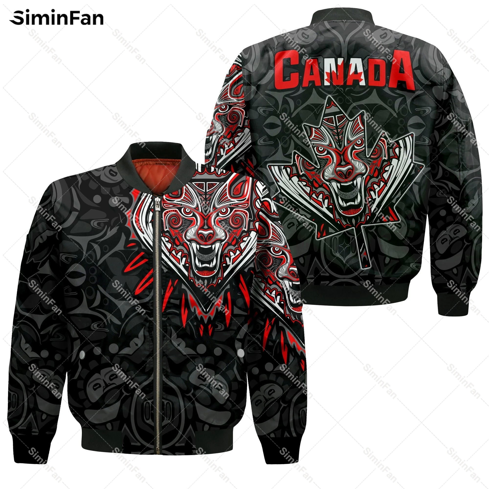 Canada Haida Wolf Maple Leaf 3D Full Printed Bomber Jacket Mens Winter Quilted Cotton Coat Unisex Windproof Outerwear Female Top