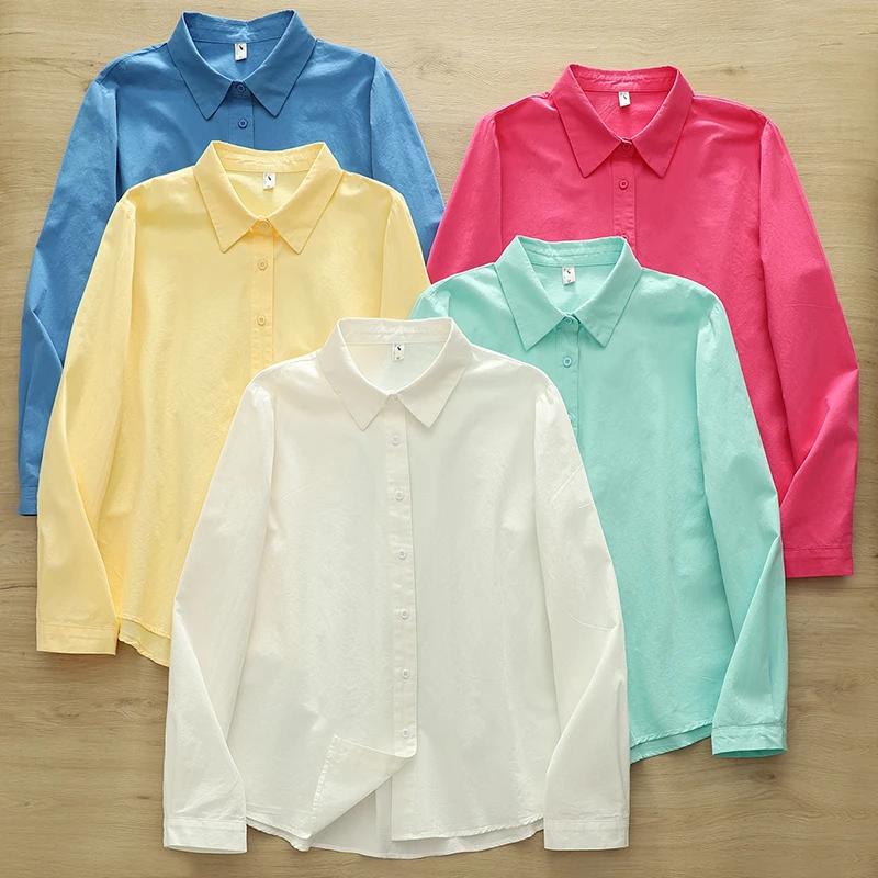 Camisa informal de algodón de Color liso para mujer, blusa y Tops de manga larga holgados y sencillos para mujer, camisa de oficina para mujer 2025