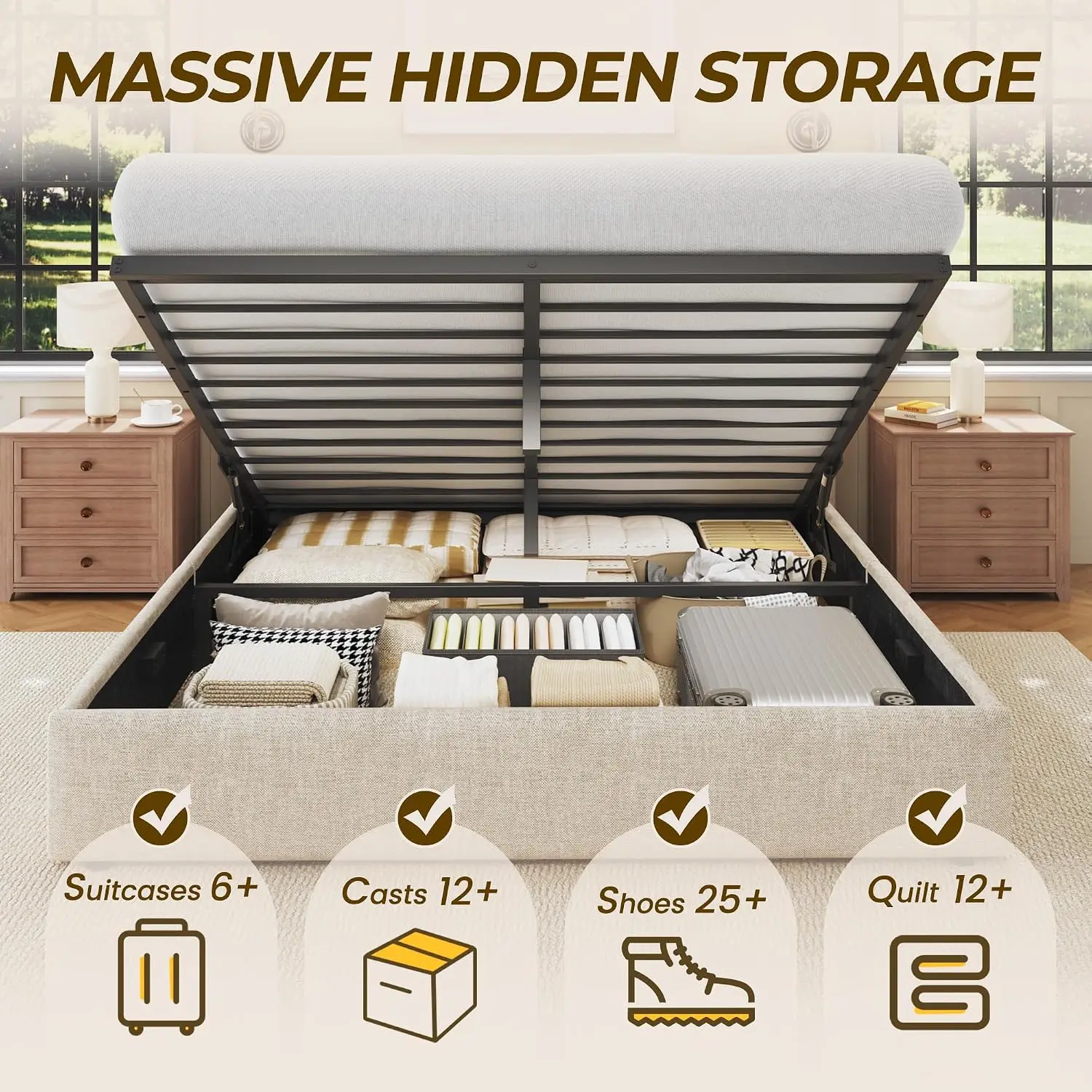 Queen Storage Bed, Linen Upholstered Platform Wingback Headboard, Hydraulic Lift Underbed, Metal e, Customized