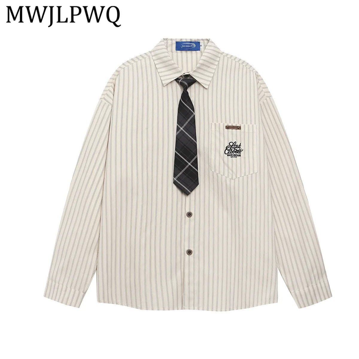 

MWJLPWQ Men's Clothing Trend Striped Tie Shirt Male American Style Retro Simple Lapel Long Sleeve Casual Tops 2026 New 13838