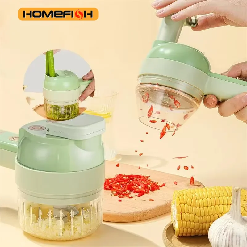 HOMEFISH Handheld 4-in-1 Wireless Electric Vegetable Cutter Set Garlic Masher Food Chopper Meat Grinder Machine for Kitchen